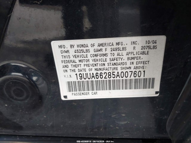 2005 Acura Tl მანქანა იყიდება აუქციონზე, vin: 19UUA66285A007601, აუქციონის ნომერი: 45390919