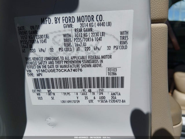 Aukcja sprzedaży 2012 Ford Escape Limited, vin: 1FMCU0E70CKA74076, numer aukcji: 45390923