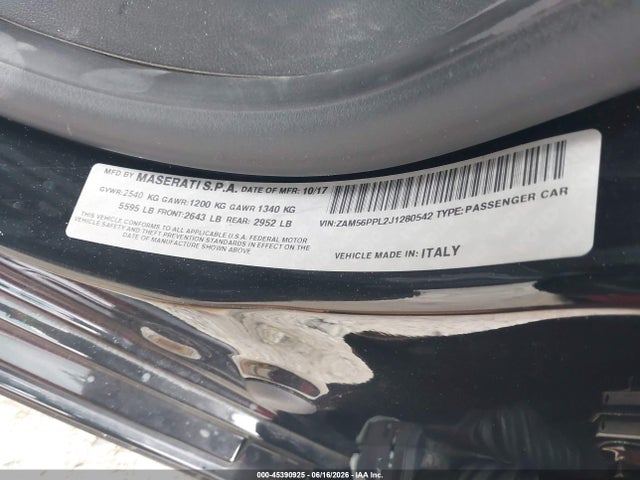 45390925 :رقم المزاد ، ZAM56PPL2J1280542 vin ، 2018 Maserati Quattroporte Gts Granlusso مزاد بيع