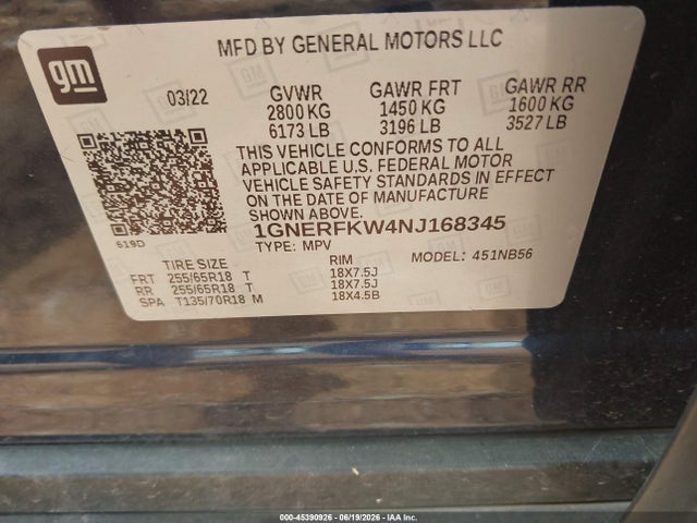 1GNERFKW4NJ168345 Chevrolet Traverse Fwd Ls