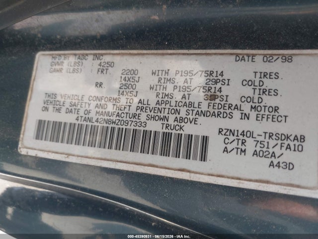 Aukcja sprzedaży 1998 Toyota Tacoma, vin: 4TANL42N8WZ097333, numer aukcji: 45390931