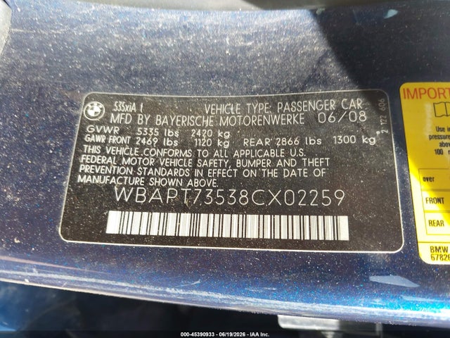 45390933 :رقم المزاد ، WBAPT73538CX02259 vin ، 2008 Bmw 535xi مزاد بيع