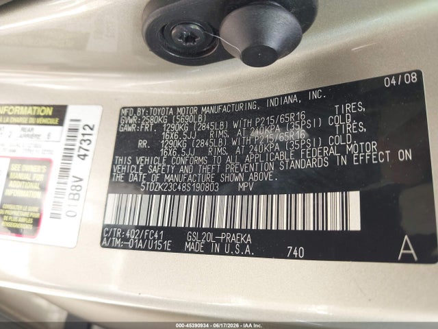 45390934 :رقم المزاد ، 5TDZK23C48S190803 vin ، 2008 Toyota Sienna Le مزاد بيع