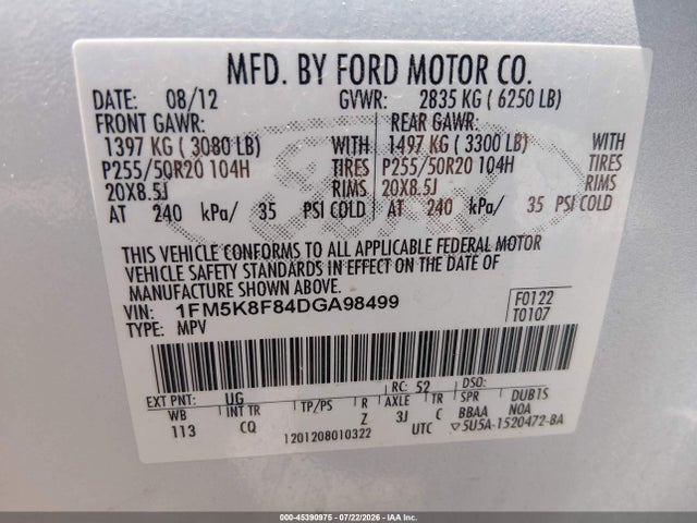 Aukcja sprzedaży 2013 Ford Explorer Limited, vin: 1FM5K8F84DGA98499, numer aukcji: 45390975