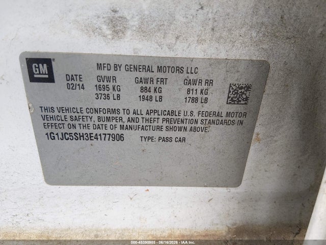 45390985 :رقم المزاد ، 1G1JC5SH3E4177906 vin ، 2014 Chevrolet Sonic Lt Auto مزاد بيع