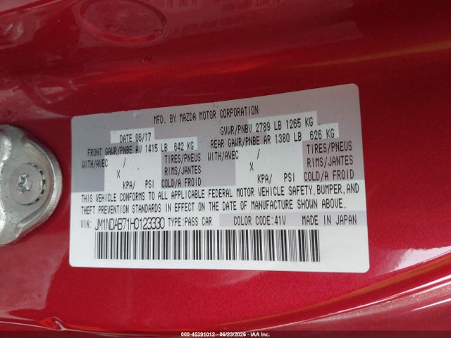 Aukcja sprzedaży 2017 Mazda Mx-5 Miata Sport, vin: JM1NDAB71H0123330, numer aukcji: 45391012