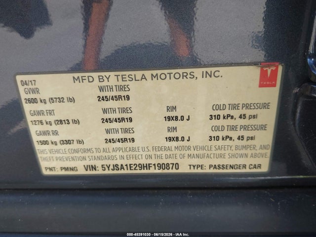 Aukcja sprzedaży 2017 Tesla Model S 100d/60d/75d/90d/p100d, vin: 5YJSA1E29HF190870, numer aukcji: 45391030