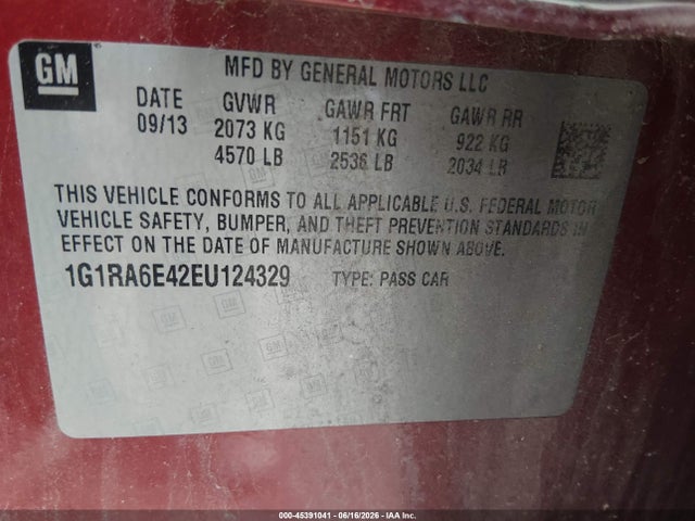 45391041 :رقم المزاد ، 1G1RA6E42EU124329 vin ، 2014 Chevrolet Volt مزاد بيع