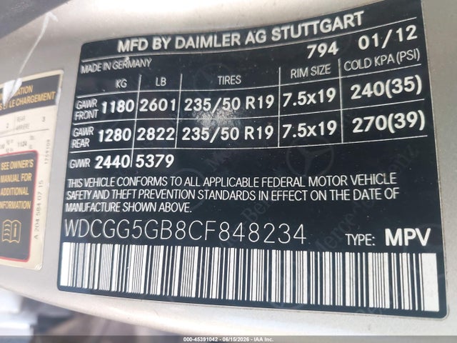 45391042 :رقم المزاد ، WDCGG5GB8CF848234 vin ، 2012 Mercedes-benz Glk 350 مزاد بيع