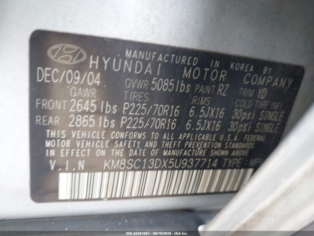 Aukcja sprzedaży 2005 Hyundai Santa Fe Gls, vin: KM8SC13DX5U937714, numer aukcji: 45391061
