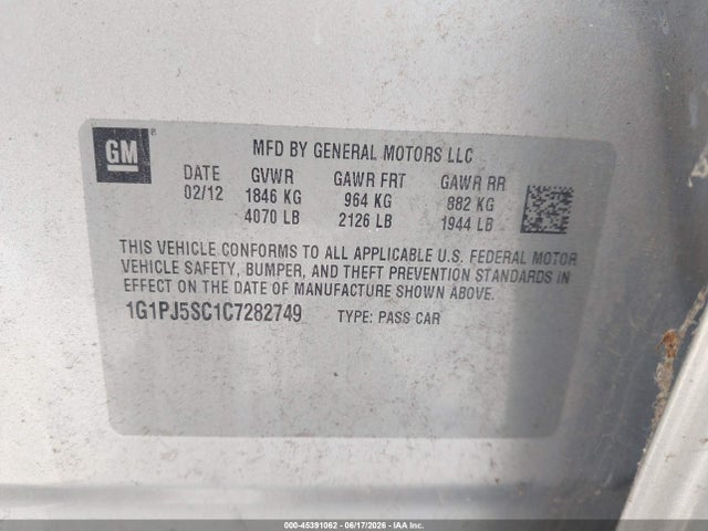 45391062 :رقم المزاد ، 1G1PJ5SC1C7282749 vin ، 2012 Chevrolet Cruze Eco مزاد بيع