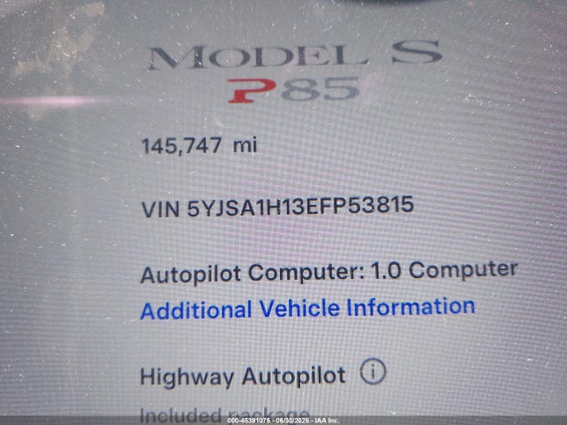 Продажа на аукционе авто 2014 Tesla Model S P85, vin: 5YJSA1H13EFP53815, номер лота: 45391075