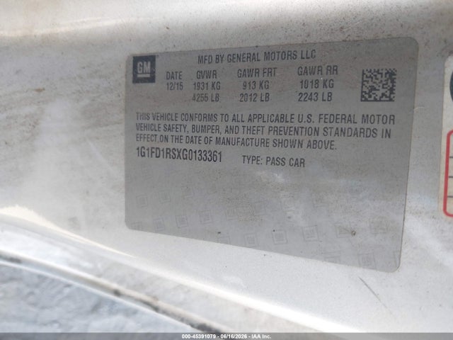 45391079 :رقم المزاد ، 1G1FD1RSXG0133361 vin ، 2016 Chevrolet Camaro 2lt مزاد بيع