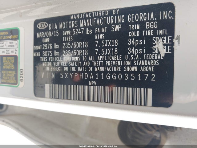 KIA Sorento 2.0t Ex 2016 5XYPHDA11GG035172 Image 9