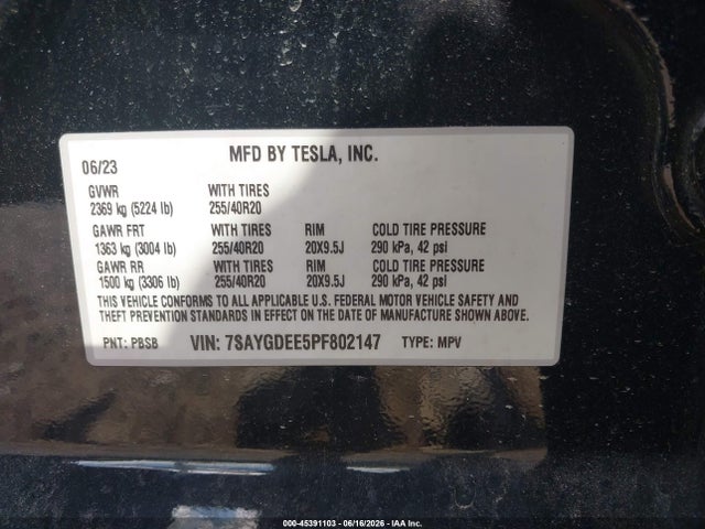 Продажа на аукционе авто 2023 Tesla Model Y Awd/long Range Dual Motor All-wheel Drive, vin: 7SAYGDEE5PF802147, номер лота: 45391103