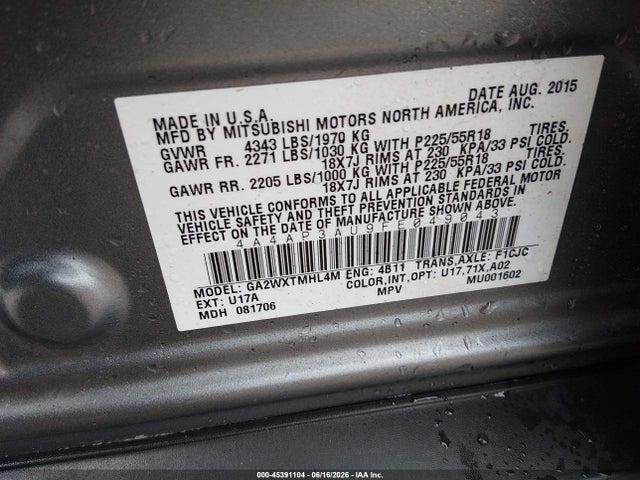 45391104 :رقم المزاد ، 4A4AP3AU9FE049043 vin ، 2015 Mitsubishi Outlander Sport Es مزاد بيع