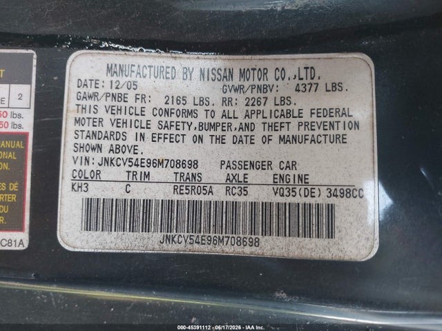 Продажа на аукционе авто 2006 Infiniti G35, vin: JNKCV54E96M708698, номер лота: 45391112