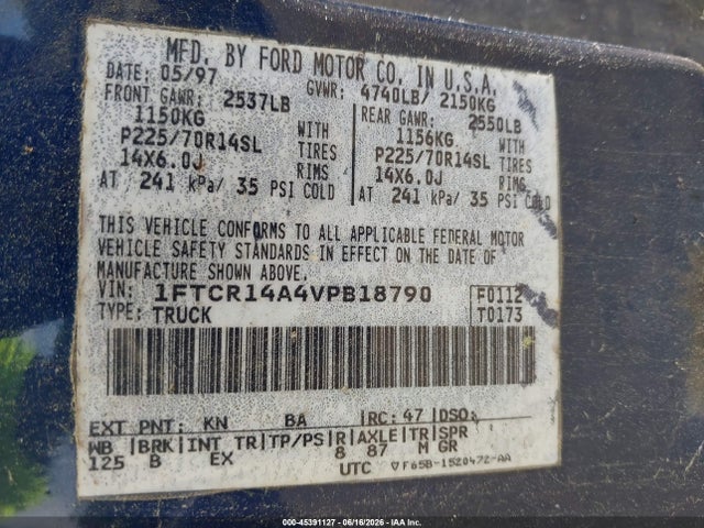 1997 Ford Ranger Xl/xlt მანქანა იყიდება აუქციონზე, vin: 1FTCR14A4VPB18790, აუქციონის ნომერი: 45391127