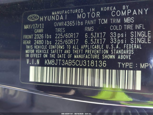 2012 Hyundai Tucson Gl მანქანა იყიდება აუქციონზე, vin: KM8JT3AB5CU318136, აუქციონის ნომერი: 45391141