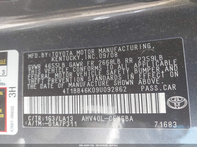 2009 Toyota Camry Hybrid მანქანა იყიდება აუქციონზე, vin: 4T1BB46K09U092862, აუქციონის ნომერი: 45391155