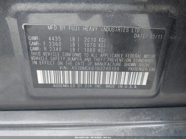Auction sale of the 2011 Subaru Legacy 2.5i Limited, vin: 4S3BMCK61B3243155, lot number: 45391169