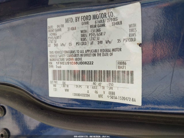 Aukcja sprzedaży 2008 Ford Explorer Sport Trac Xlt, vin: 1FMEU51E68UB08222, numer aukcji: 45391170