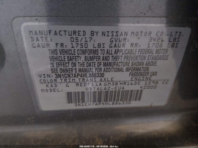 Продаж на аукціоні авто 2017 Nissan Versa 1.6 S+, vin: 3N1CN7AP4HL886330, номер лоту: 45391176