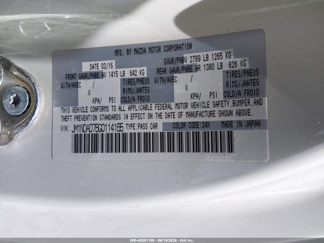 Продаж на аукціоні авто 2016 Mazda Mx-5 Miata Grand Touring, vin: JM1NDAD76G0114165, номер лоту: 45391188
