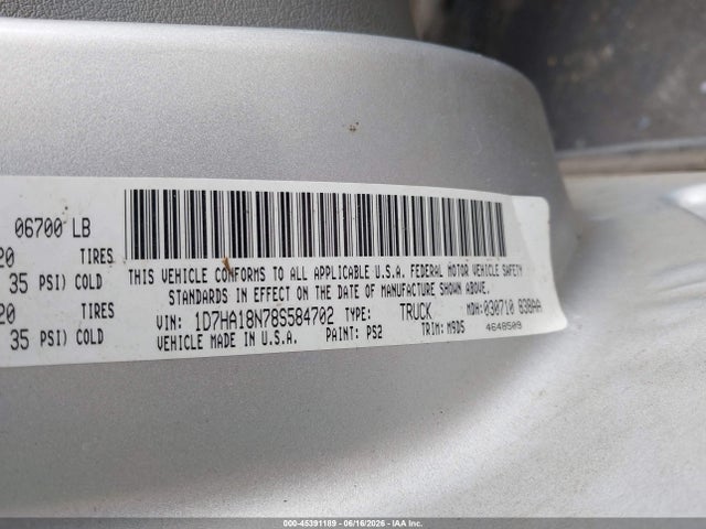 Продаж на аукціоні авто 2008 Dodge Ram 1500 Slt, vin: 1D7HA18N78S584702, номер лоту: 45391189