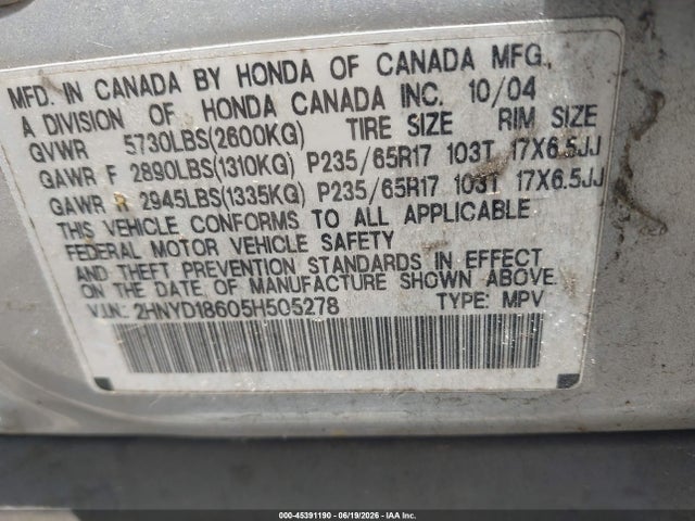 Auction sale of the 2005 Acura Mdx, vin: 2HNYD18605H505278, lot number: 45391190