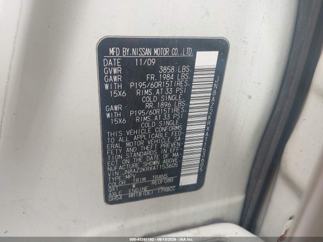 Aukcja sprzedaży 2010 Nissan Cube 1.8s, vin: JN8AZ2KRXAT153605, numer aukcji: 45391192