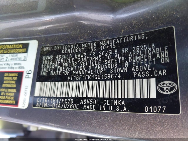 Aukcja sprzedaży 2016 Toyota Camry Le, vin: 4T1BF1FK1GU158674, numer aukcji: 45391222