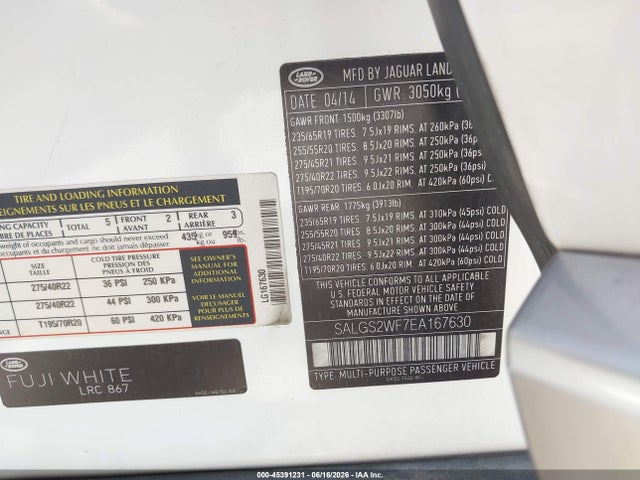Продаж на аукціоні авто 2014 Land Rover Range Rover 3.0l V6 Supercharged Hse, vin: SALGS2WF7EA167630, номер лоту: 45391231