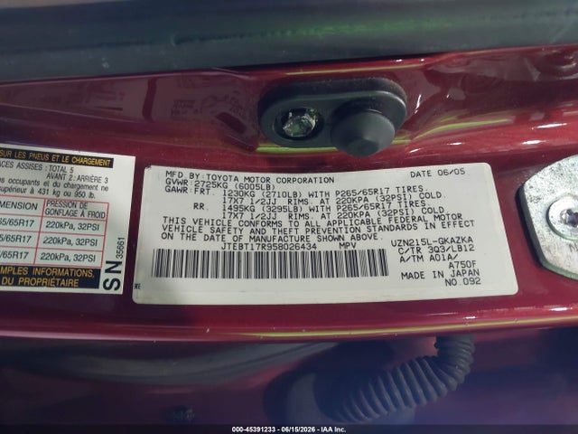 Aukcja sprzedaży 2005 Toyota 4runner Limited V8, vin: JTEBT17R958026434, numer aukcji: 45391233