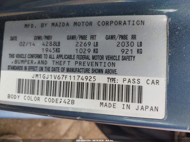 Aukcja sprzedaży 2015 Mazda Mazda6 I Touring, vin: JM1GJ1V67F1174925, numer aukcji: 45391254