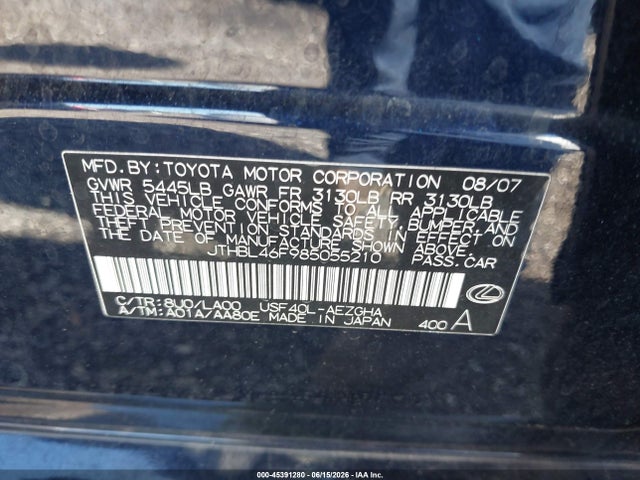 Aukcja sprzedaży 2008 Lexus Ls 460, vin: JTHBL46F985055210, numer aukcji: 45391280