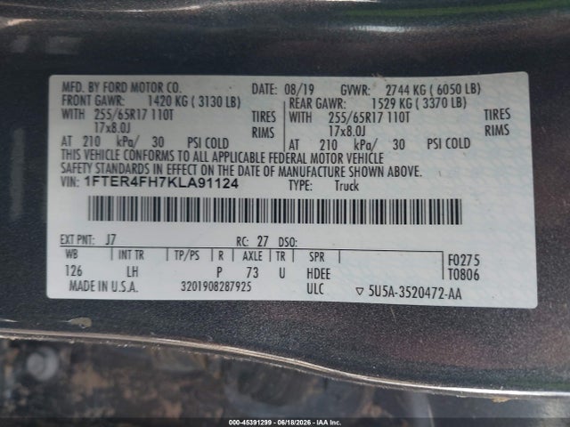 Ford Ranger Xlt 2019 1FTER4FH7KLA91124 Image 9