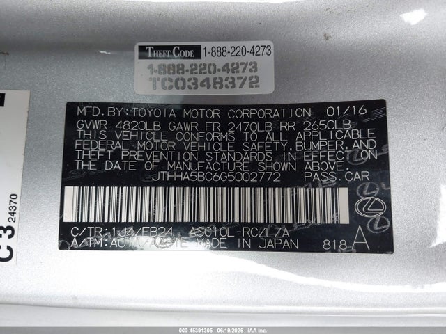 Aukcja sprzedaży 2016 Lexus Rc 200t, vin: JTHHA5BC6G5002772, numer aukcji: 45391305