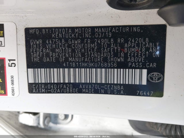 4T1B11HK9KU768956 Toyota CAMRY LE