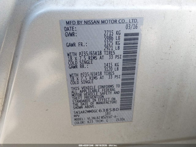 5N1AR2MM0GC638580 Nissan Pathfinder Platinum/s/sl/sv