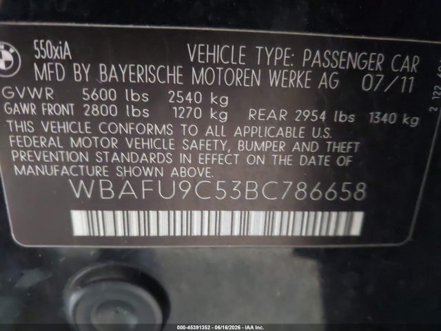Продажа на аукционе авто 2011 Bmw 550i Xdrive, vin: WBAFU9C53BC786658, номер лота: 45391352