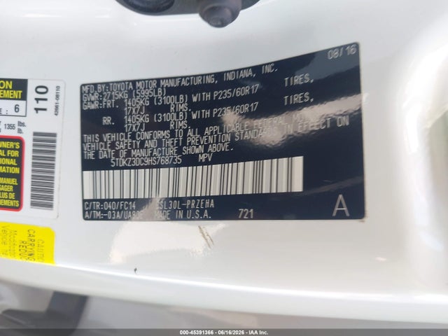 5TDKZ3DC9HS768735 Toyota Sienna Le 8 Passenger