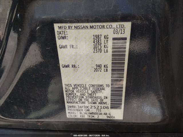 Продаж на аукціоні авто 2013 Nissan Altima 3.5 Sl, vin: 1N4BL3AP3DC252106, номер лоту: 45391395