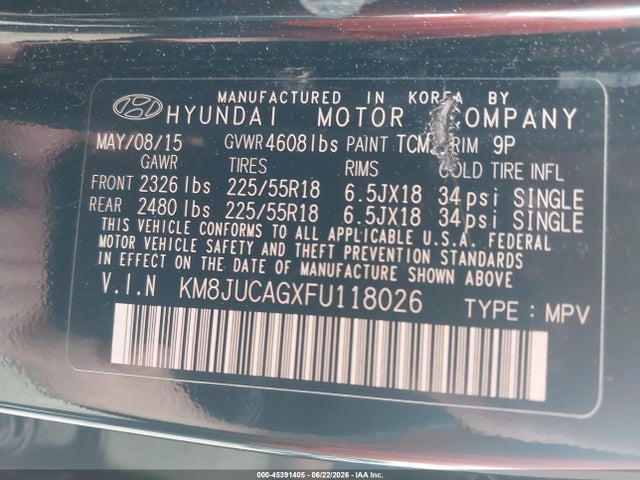 Hyundai Tucson Limited 2015 KM8JUCAGXFU118026 Image 9