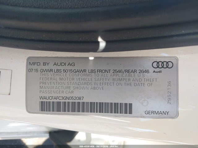 45391406 :رقم المزاد ، WAUCFAFC3GN052087 vin ، 2016 Audi A6 2.0t Premium مزاد بيع