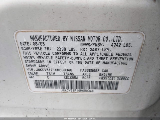 45391429 :رقم المزاد ، JNKCV51F16M600346 vin ، 2006 Infiniti G35x مزاد بيع