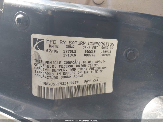 Aukcja sprzedaży 2003 Saturn Ion 2, vin: 1G8AJ52F93Z100186, numer aukcji: 45391437