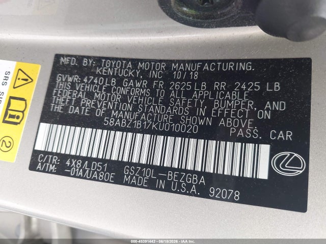 Продажа на аукционе авто 2019 Lexus Es 350, vin: 58ABZ1B17KU010020, номер лота: 45391442
