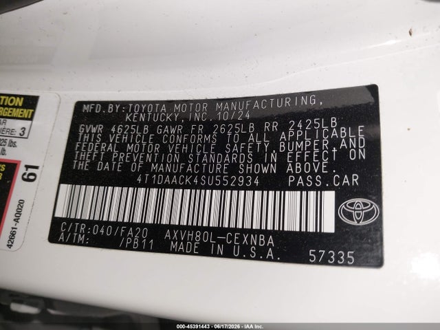 45391443 :رقم المزاد ، 4T1DAACK4SU552934 vin ، 2025 Toyota Camry Le مزاد بيع