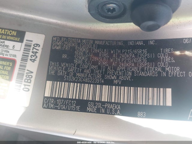 2008 Toyota Sienna Le მანქანა იყიდება აუქციონზე, vin: 5TDZK23C48S223914, აუქციონის ნომერი: 45391450